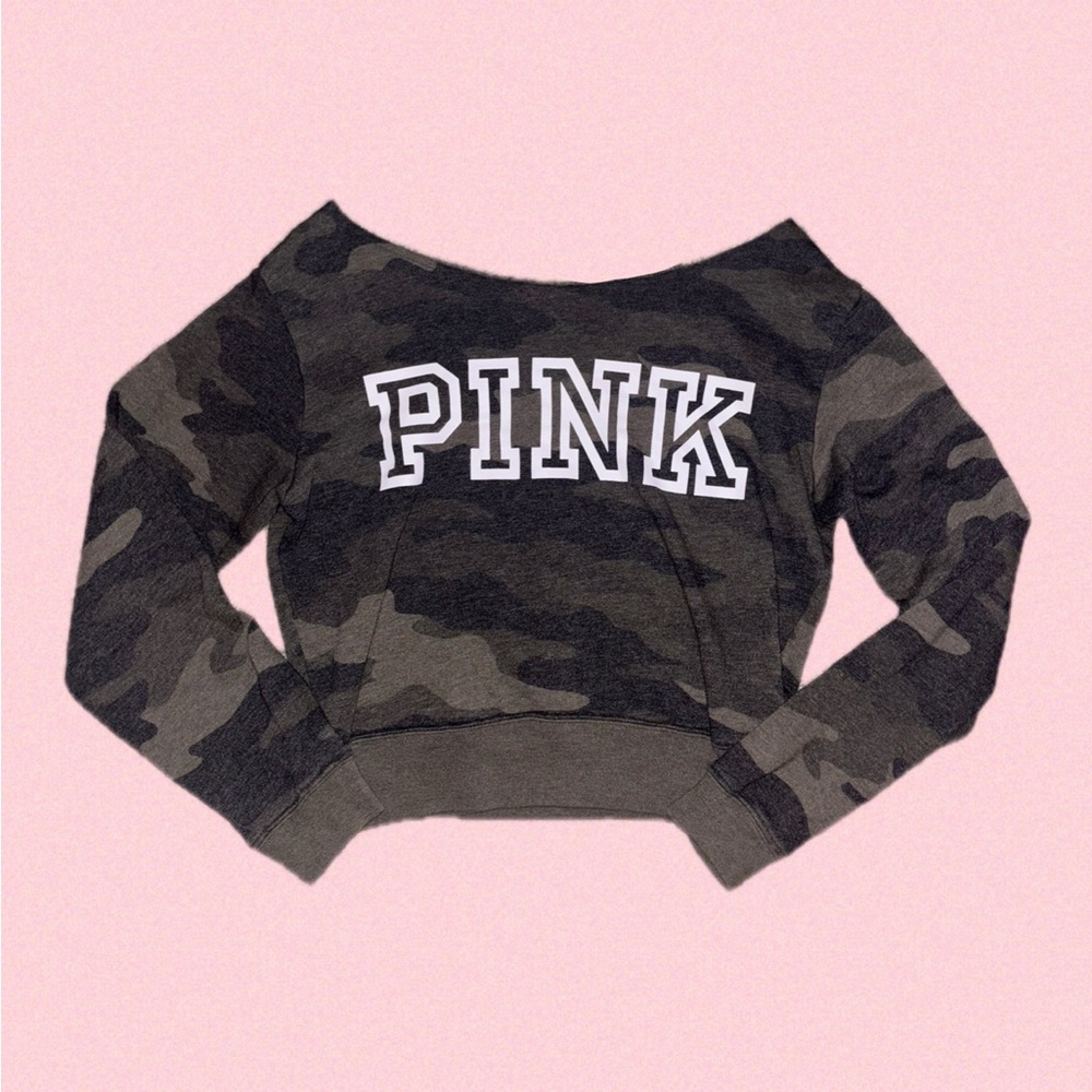 PINK Victoria's Secret Green Camo Off-Shoulder Sweater